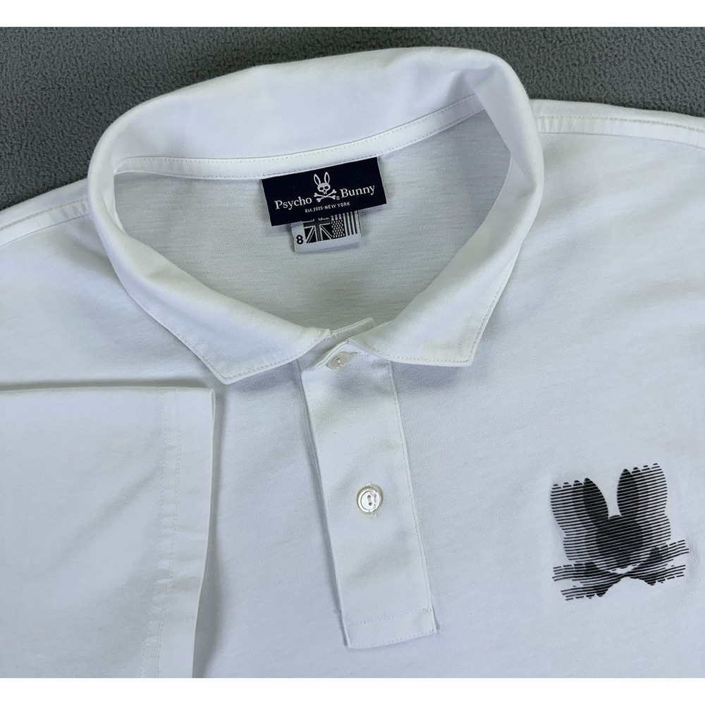 Psycho Bunny Polo Shirt Mens 8 White Turing Bunny Logo Pima Performance Golf